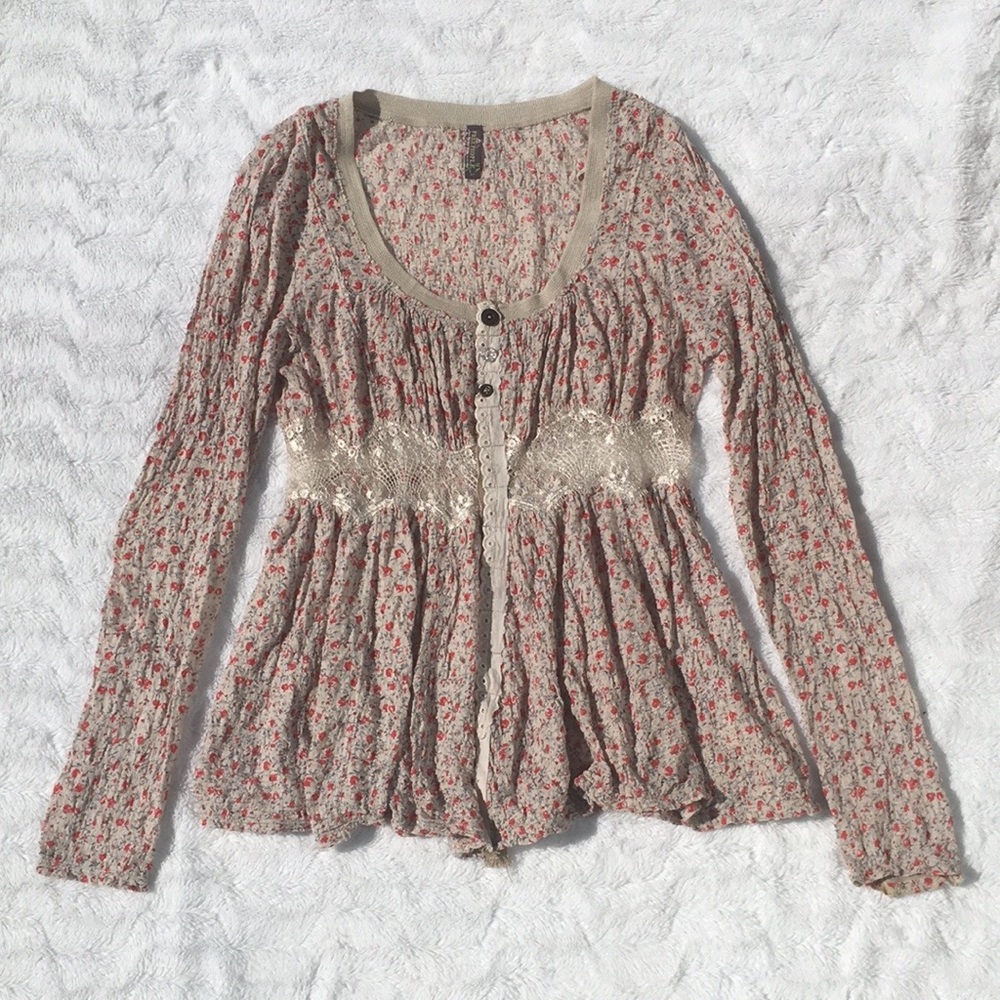 Free People Floral Peplum Long Sleeve Blouse in Beige and Red
